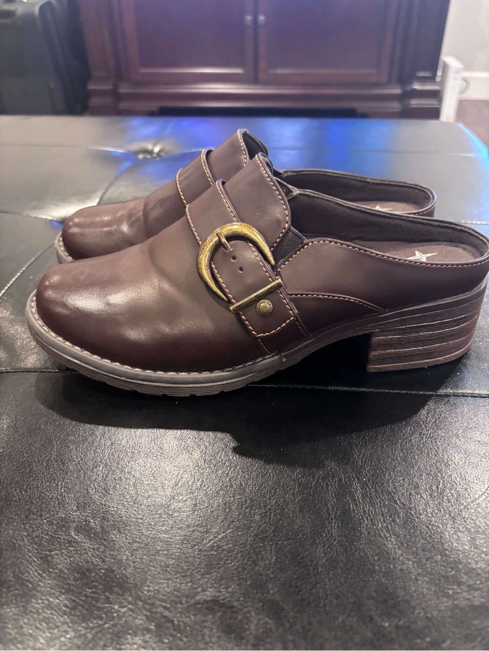 Eastland Brown Leather Slip-On Mule with Gold Buckle
